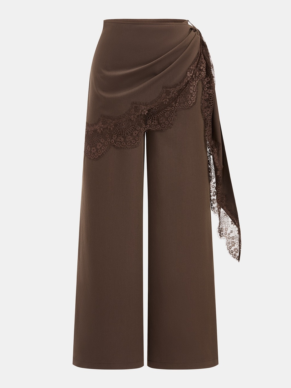 Commense Chocolate Brown Wide-Leg Lace Overlay Trousers